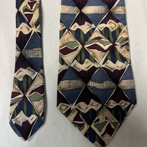 Haggar Geometric Pattern Silk Blend Neck Tie Blue Green Burgundy‎ Artsy Abstract